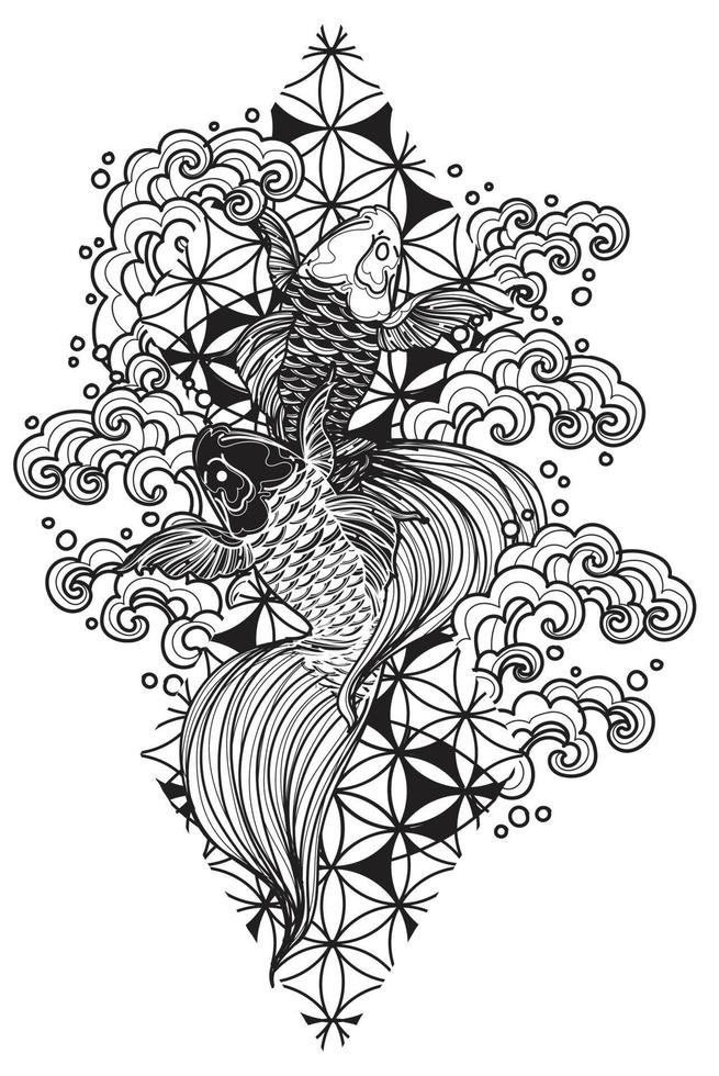 arte del tatuaje diseño de peces japoneses dibujo a mano y boceto en blanco y negro vector