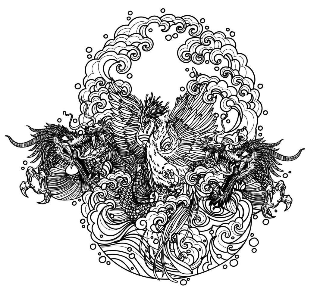 Tattoo art dargon and swan china hand drawing sketch black and white vector