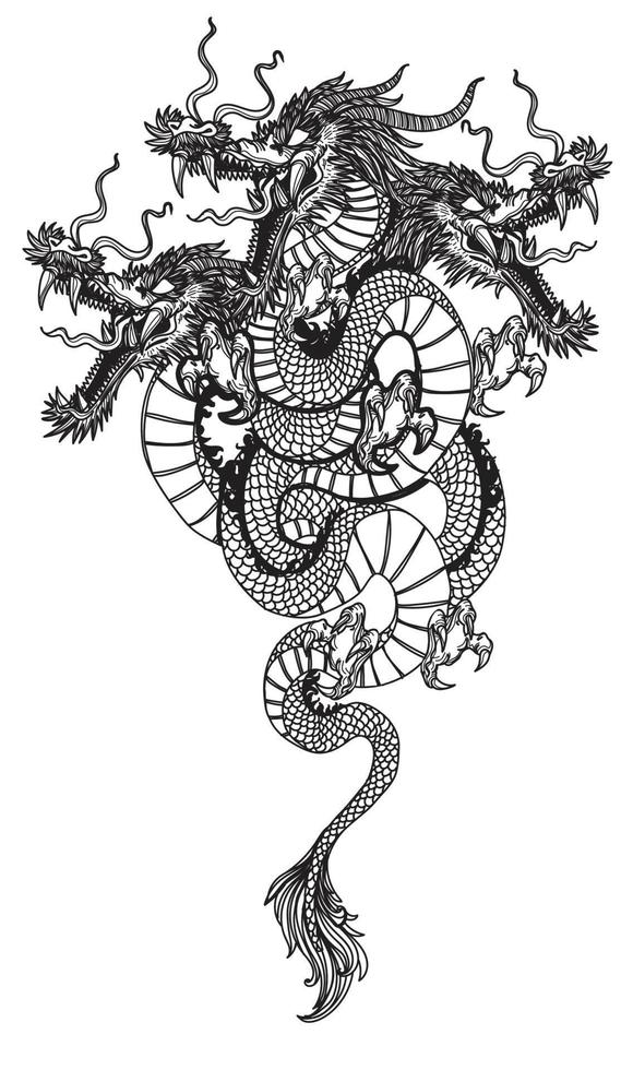 arte del tatuaje dragón de tres cabezas dibujo a mano boceto en blanco y negro vector