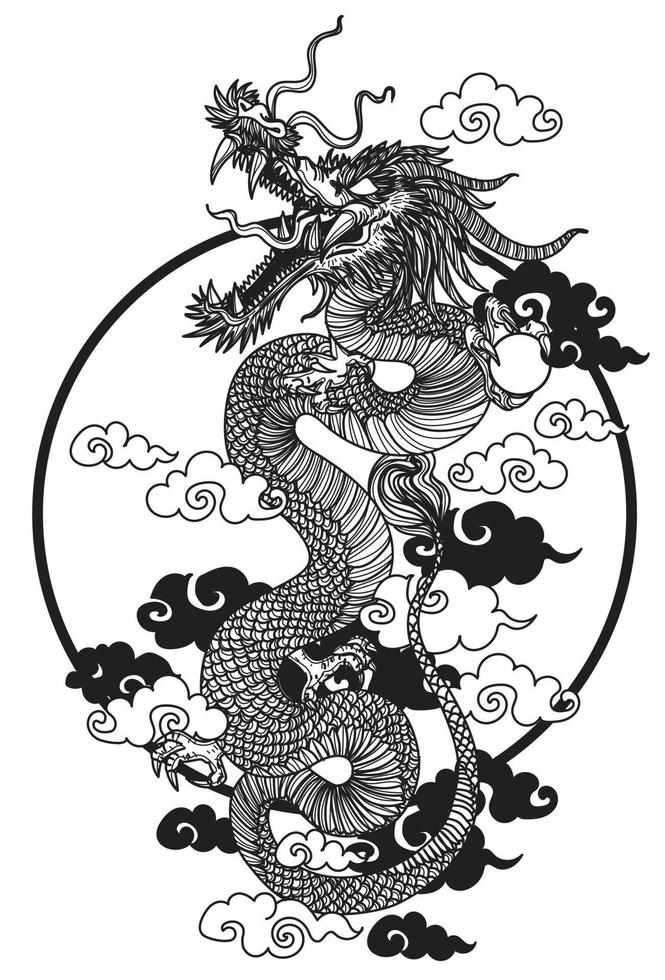 Dargon tattoo hand drawing sketch black and white vector