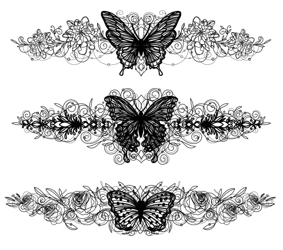 arte del tatuaje boceto de mariposa y flor en blanco y negro vector