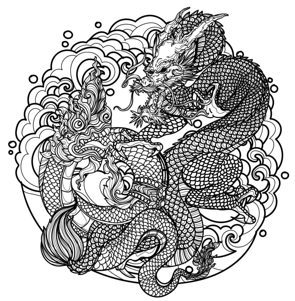Tattoo art dragon china and thai snake drawing and sketch black and white vector