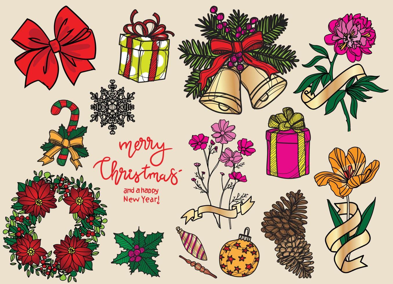 happy new year and christmas drawing and sketch vector