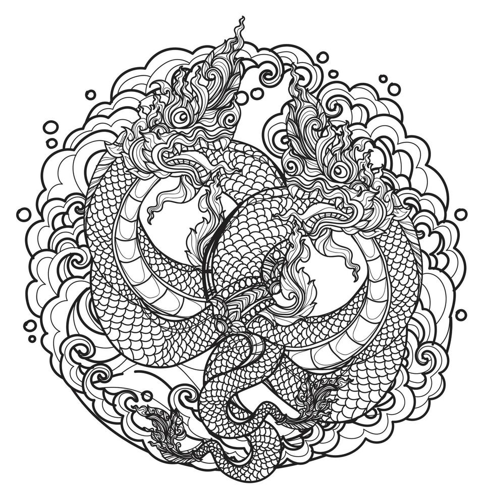 arte del tatuaje dragón tailandés dibujo a mano y boceto en blanco y negro vector