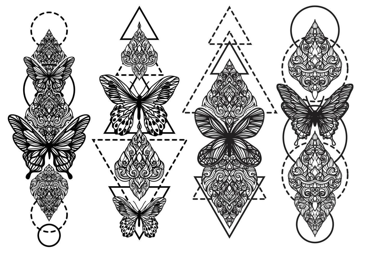 conjunto de arte del tatuaje boceto de mariposa y flor en blanco y negro vector