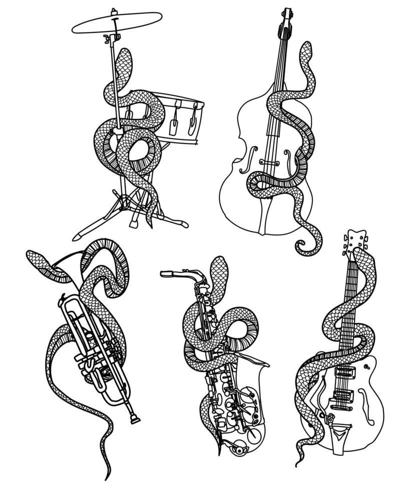 arte del tatuaje instrumento musical y dibujo a mano de serpiente y boceto vector