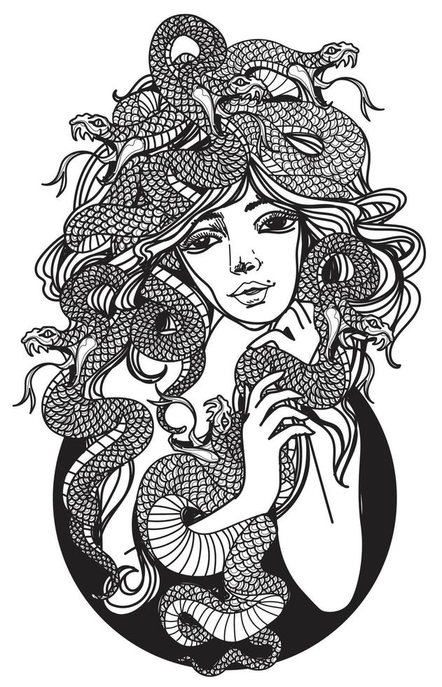 Tattoo art women and snake hand drawing and sketch black and white vector