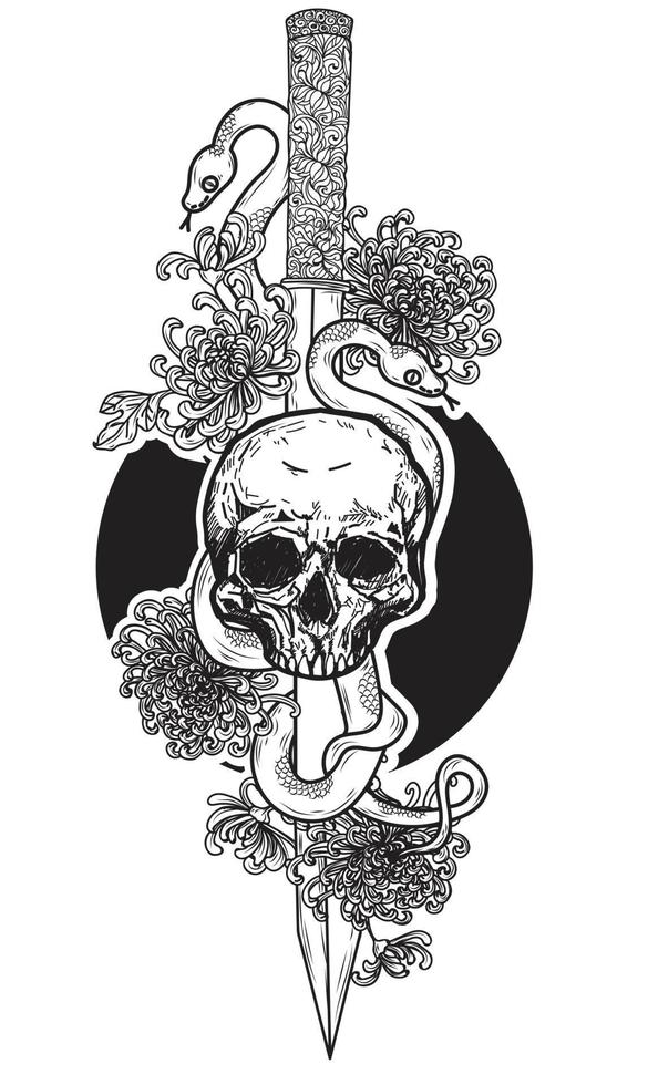 Tattoo art Skull  snake on japanese sword  flower background vector