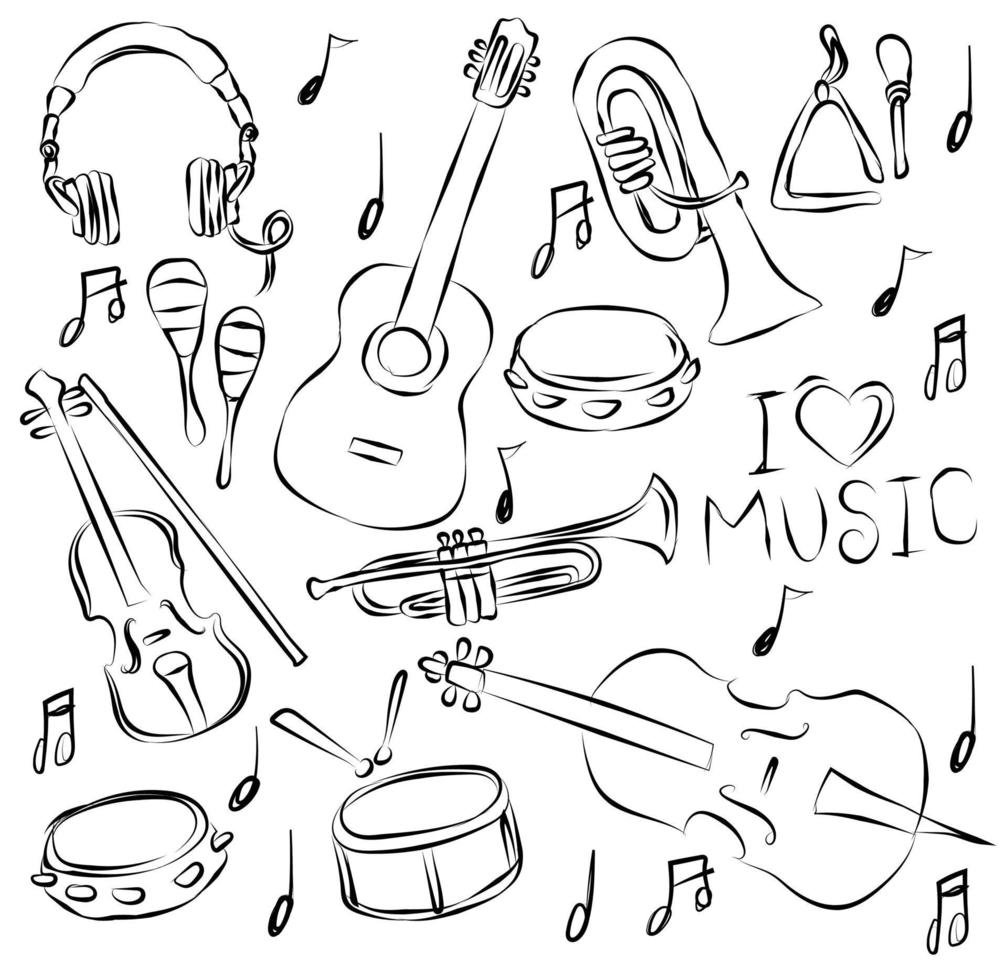 musical instrument sketch and drawing black and white vector