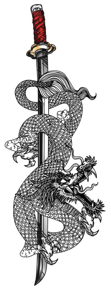 Tattoo art dragon wrapped around the sword hand drawing and sketch vector