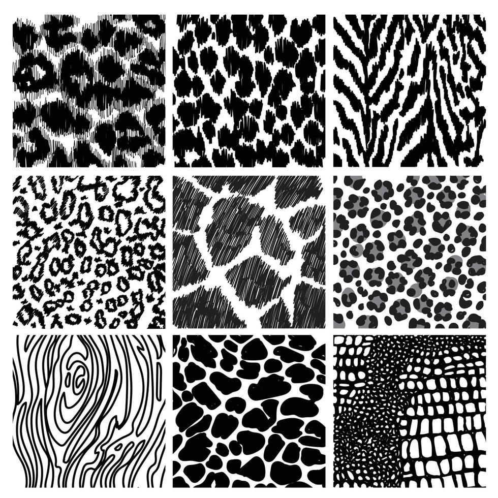 Set of seamless animal print pattern black and white vector