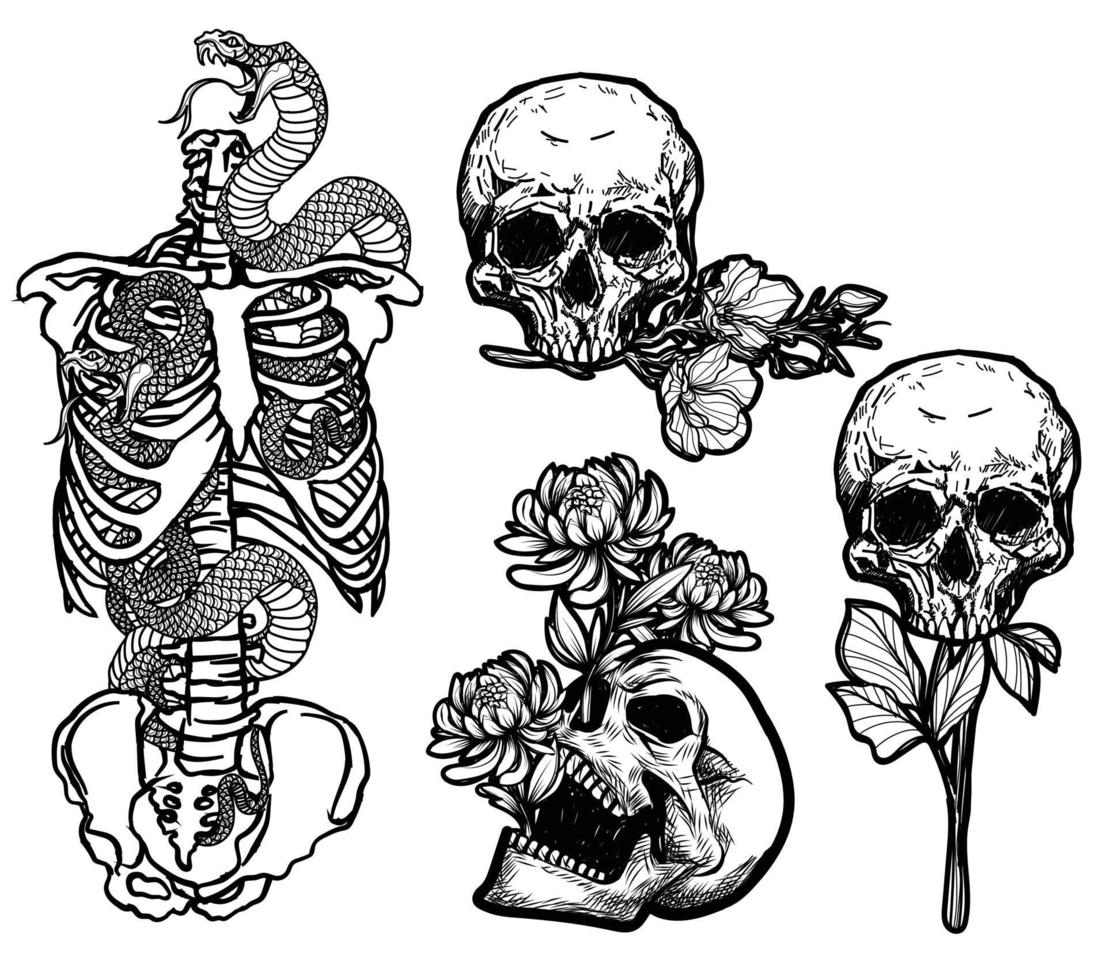 conjunto de flores planas de órganos humanos boceto en blanco y negro vector