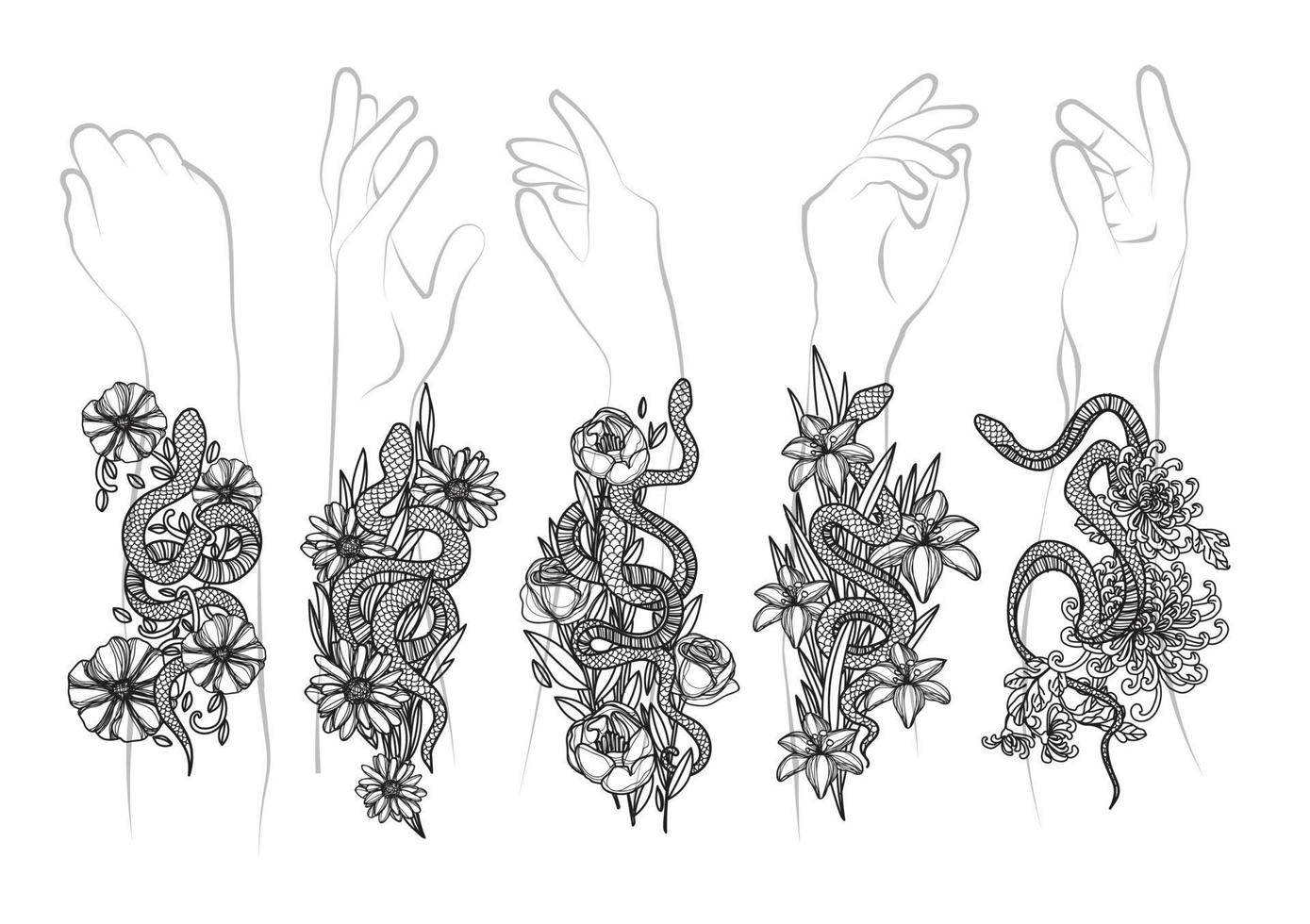 Tattoo art snak and flower drawing and sketch black and white vector