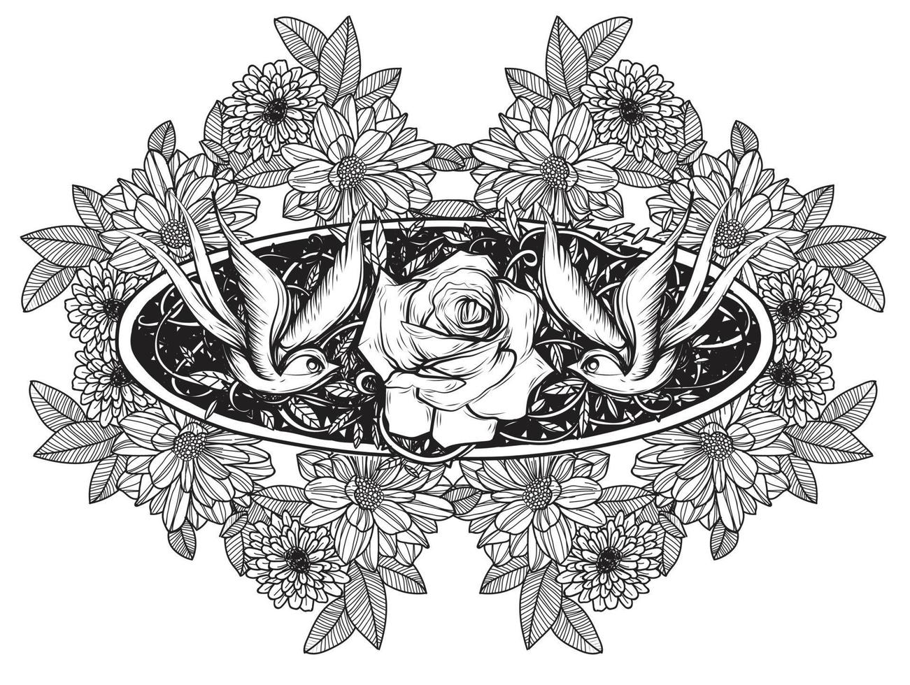 Hand drawn bird and rose tattoo black and white vector