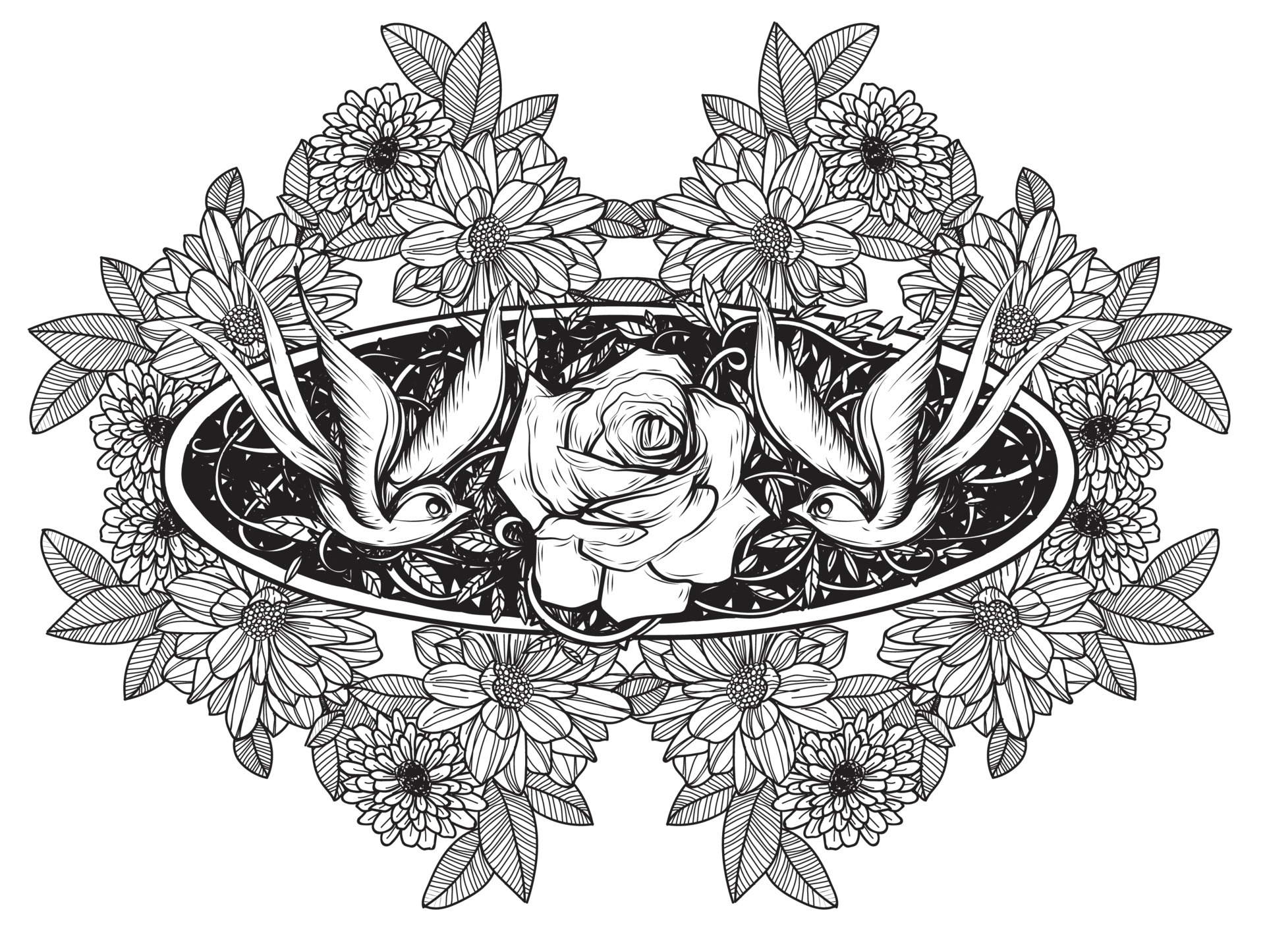 Rose with bird linework tattoo design digital download  TattooDesignStock