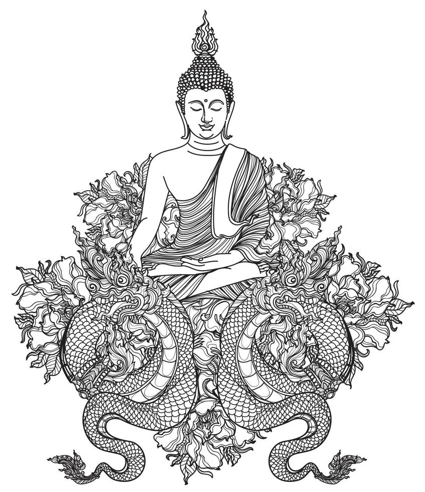 Tattoo art buddha thai design on lotus hand drawing and sketch vector