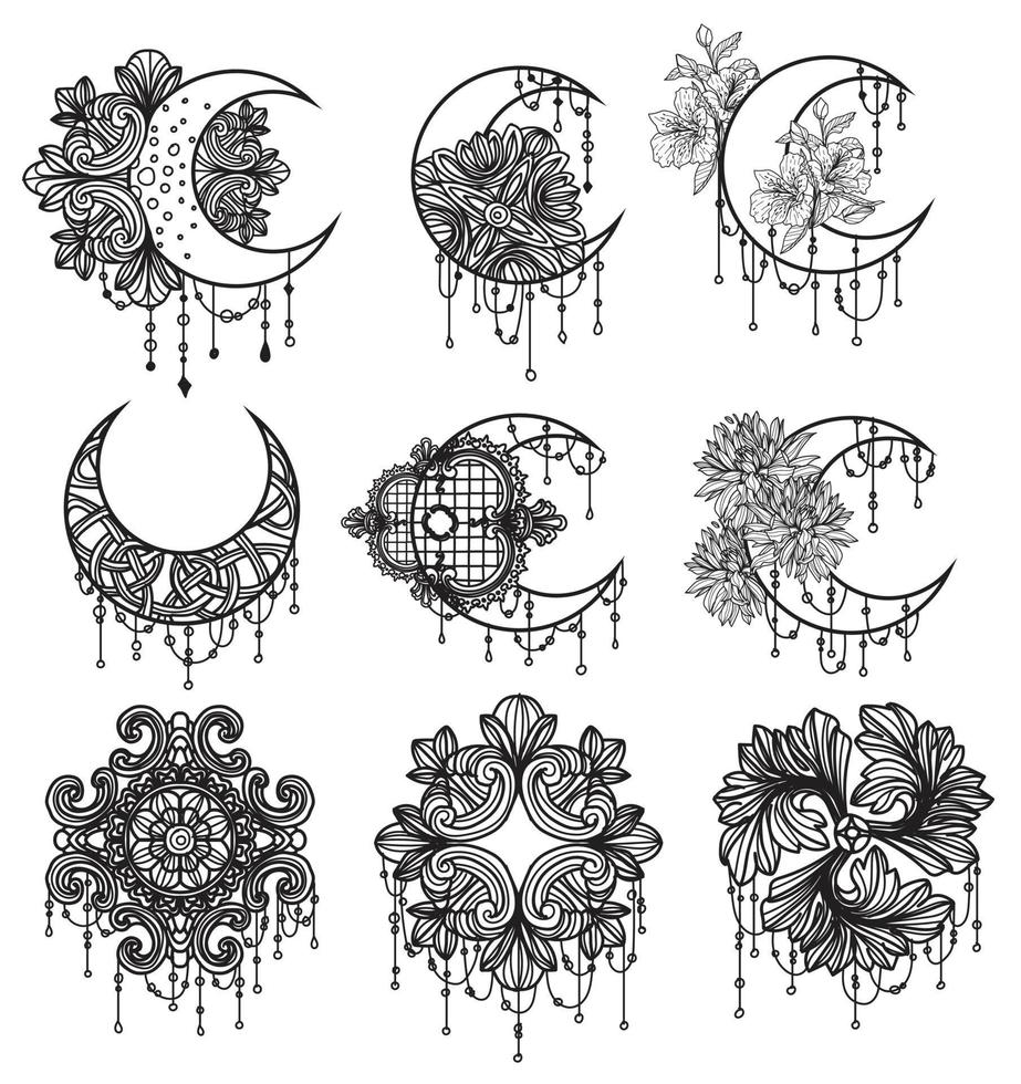 arte del tatuaje gráficos luna dibujo y boceto en blanco y negro vector