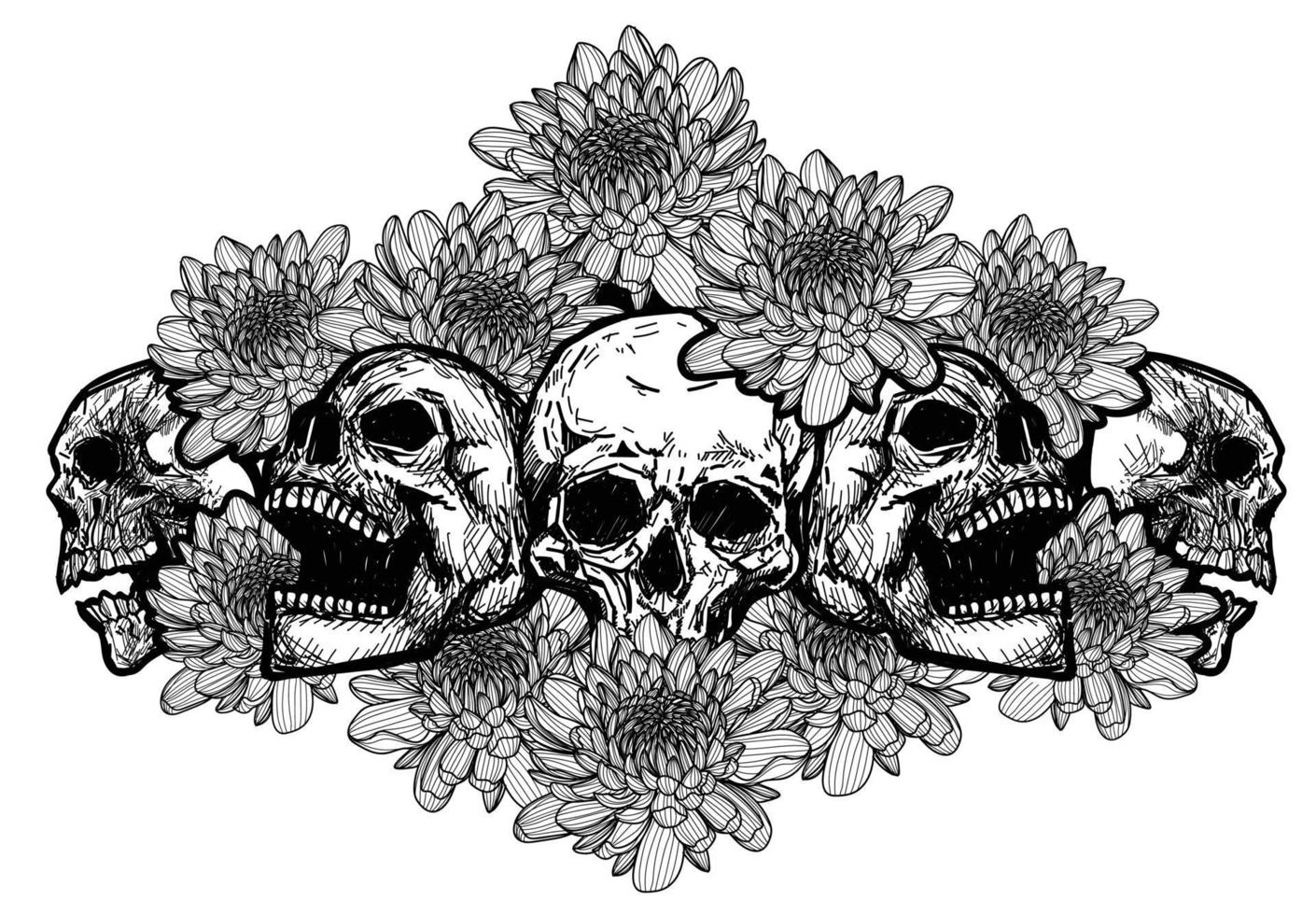 arte del tatuaje del cráneo con flores dibujo boceto en blanco y negro vector