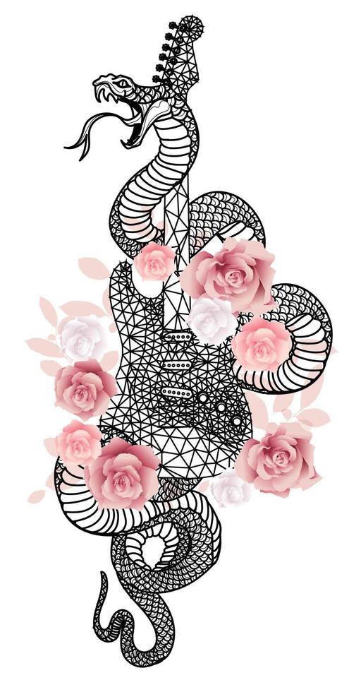 Tattoo art snake guitar and flowers pattern drawing and sketch black and white vector