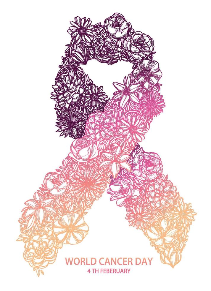 world cancer day ribbon flower design holding hands drawing vector