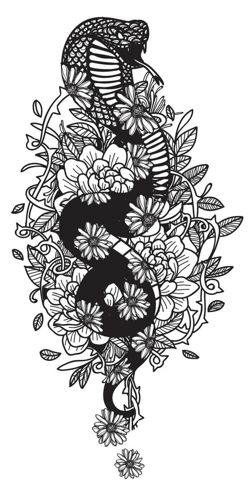 Tattoo art  cobra and flower drawing and sketch black and white vector