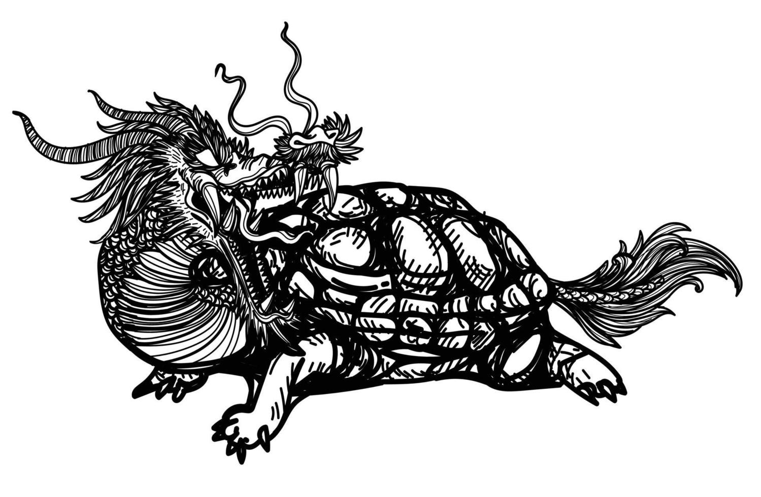 Tattoo art dragon body turtle  hand drawing sketch black and white vector