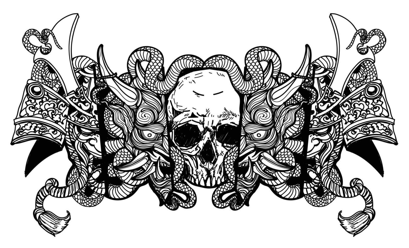 arte del tatuaje cráneo diablo máscara y dibujo de serpiente boceto en blanco y negro vector