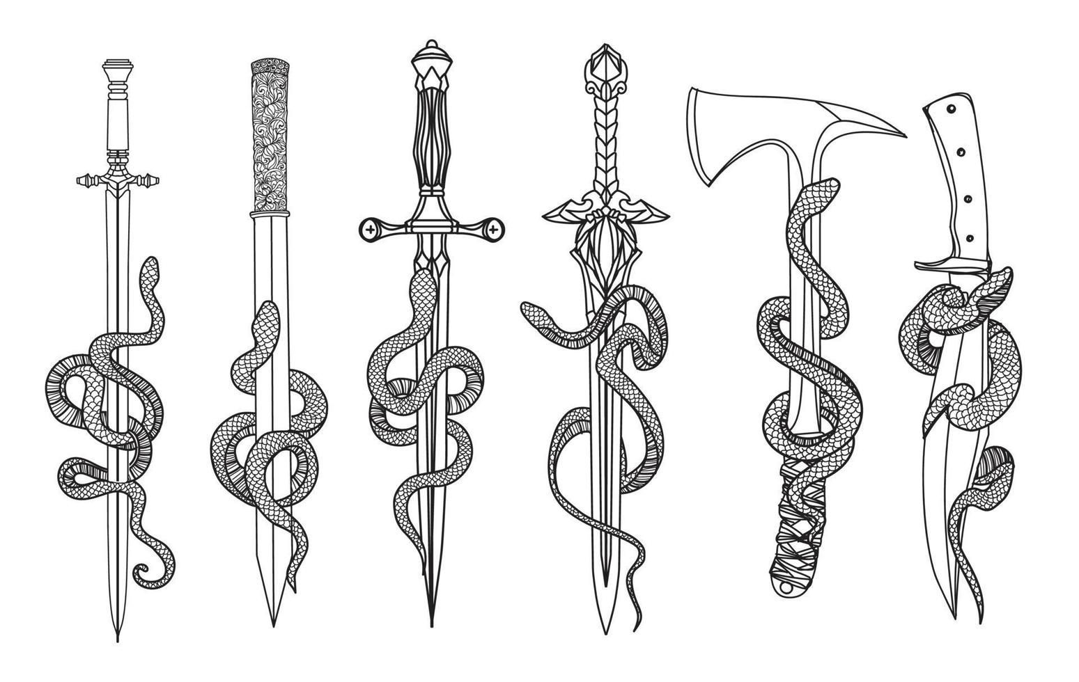 arte del tatuaje snak cuchillo y espada dibujo y boceto en blanco y negro vector