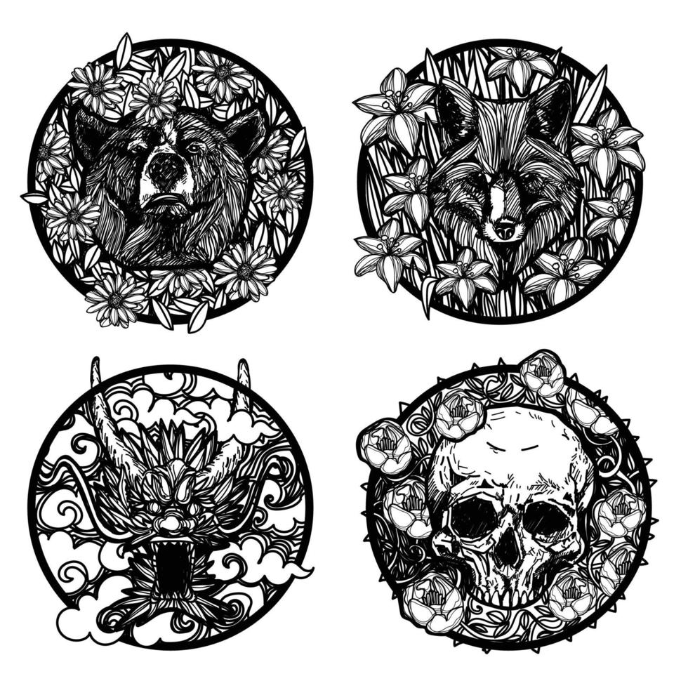arte del tatuaje dragón oso lobo cráneo en flores dibujo y boceto en blanco y negro aislado sobre fondo blanco. vector