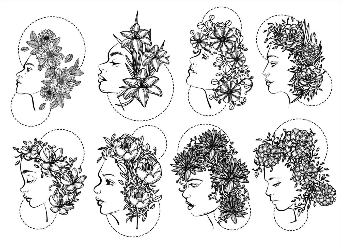 arte del tatuaje mujeres y flores dibujo a mano vector