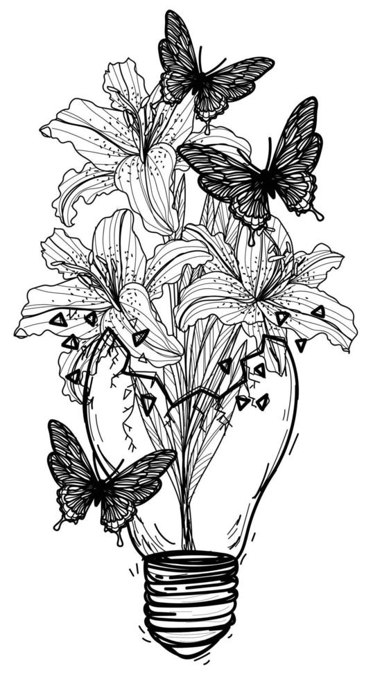 tattoo art broken light bulb and butterfly drawing sketch black and white vector