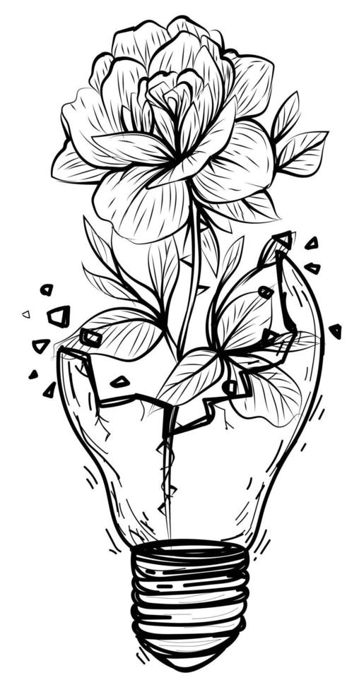 arte del tatuaje bombilla rota y dibujo de flores boceto en blanco y negro vector