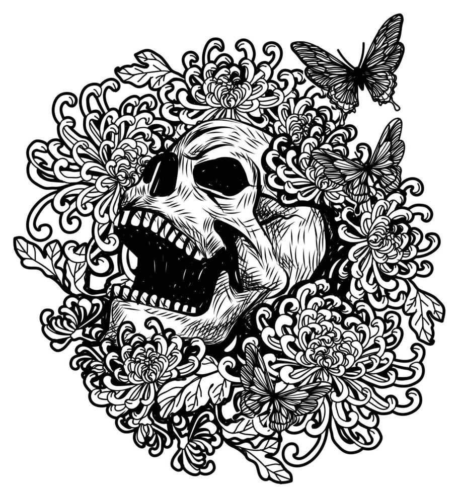 arte del tatuaje del cráneo con flores y dibujo de mariposa boceto en blanco y negro vector