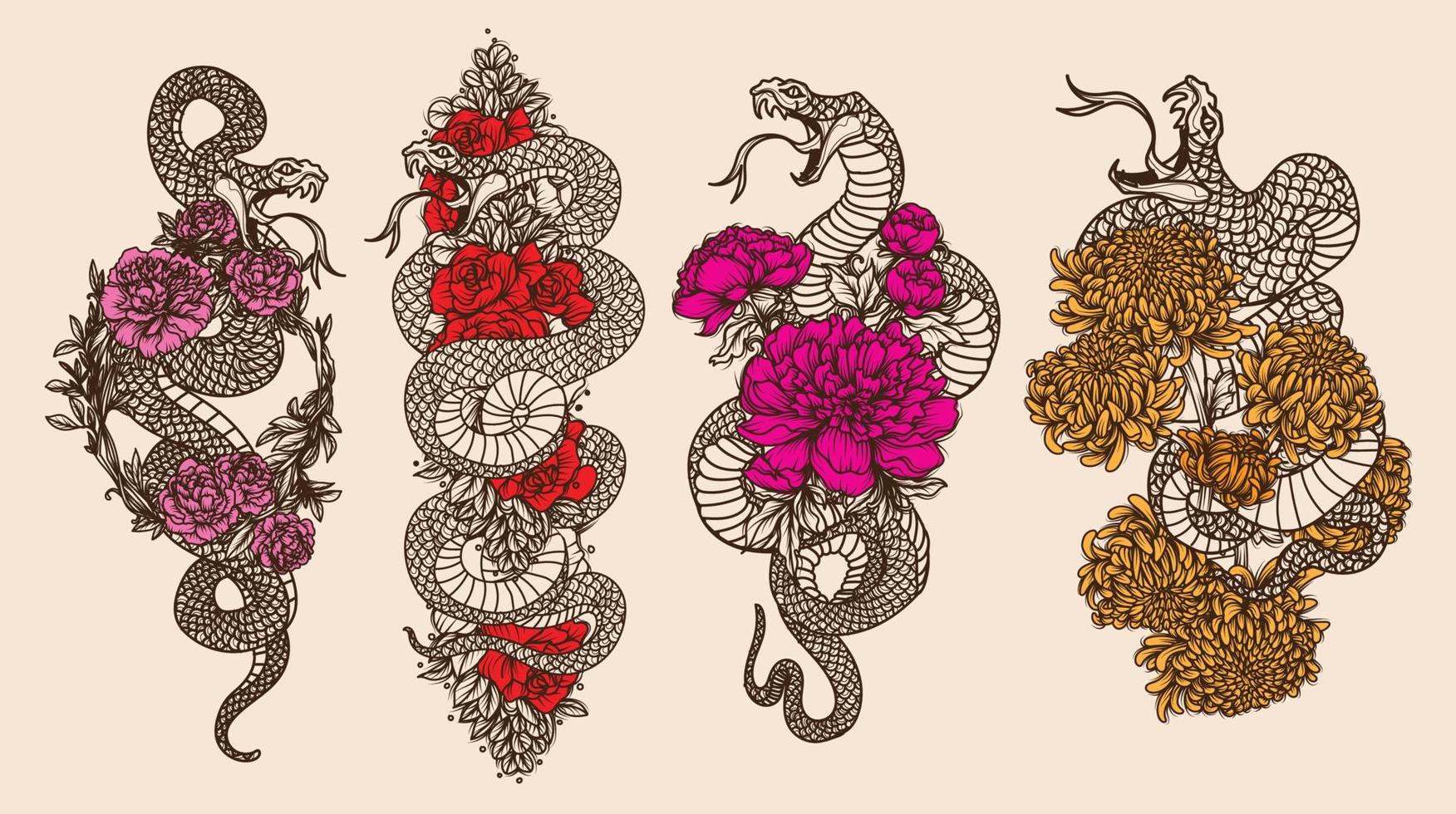 arte del tatuaje serpiente y flor dibujo y boceto vector