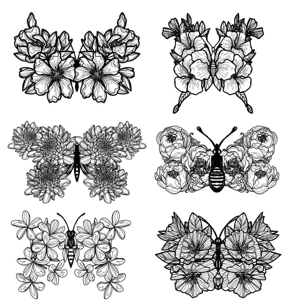 conjunto de arte del tatuaje mariposa con alas de flores boceto en blanco y negro vector