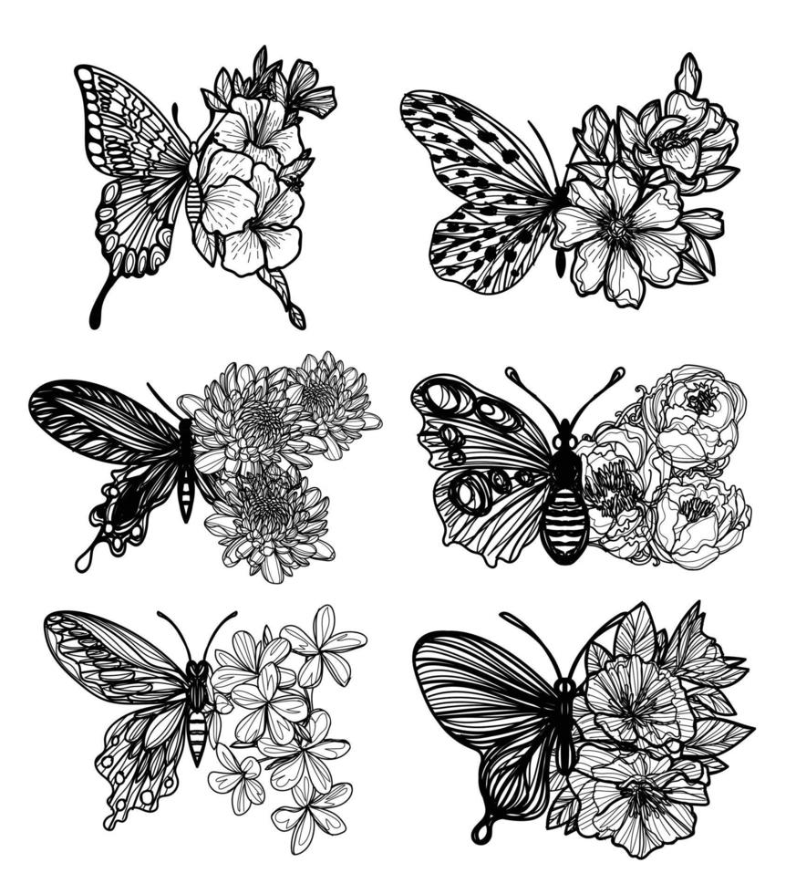 arte del tatuaje conjunto alas de mariposa como bosquejo de flores en blanco y negro vector