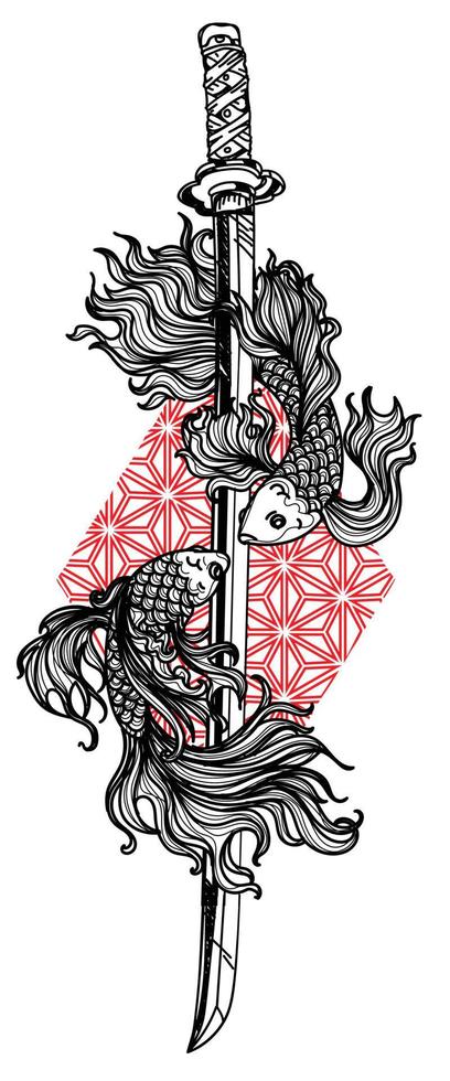 arte del tatuaje pez luchador siamés y dibujo a mano con espada y boceto vector