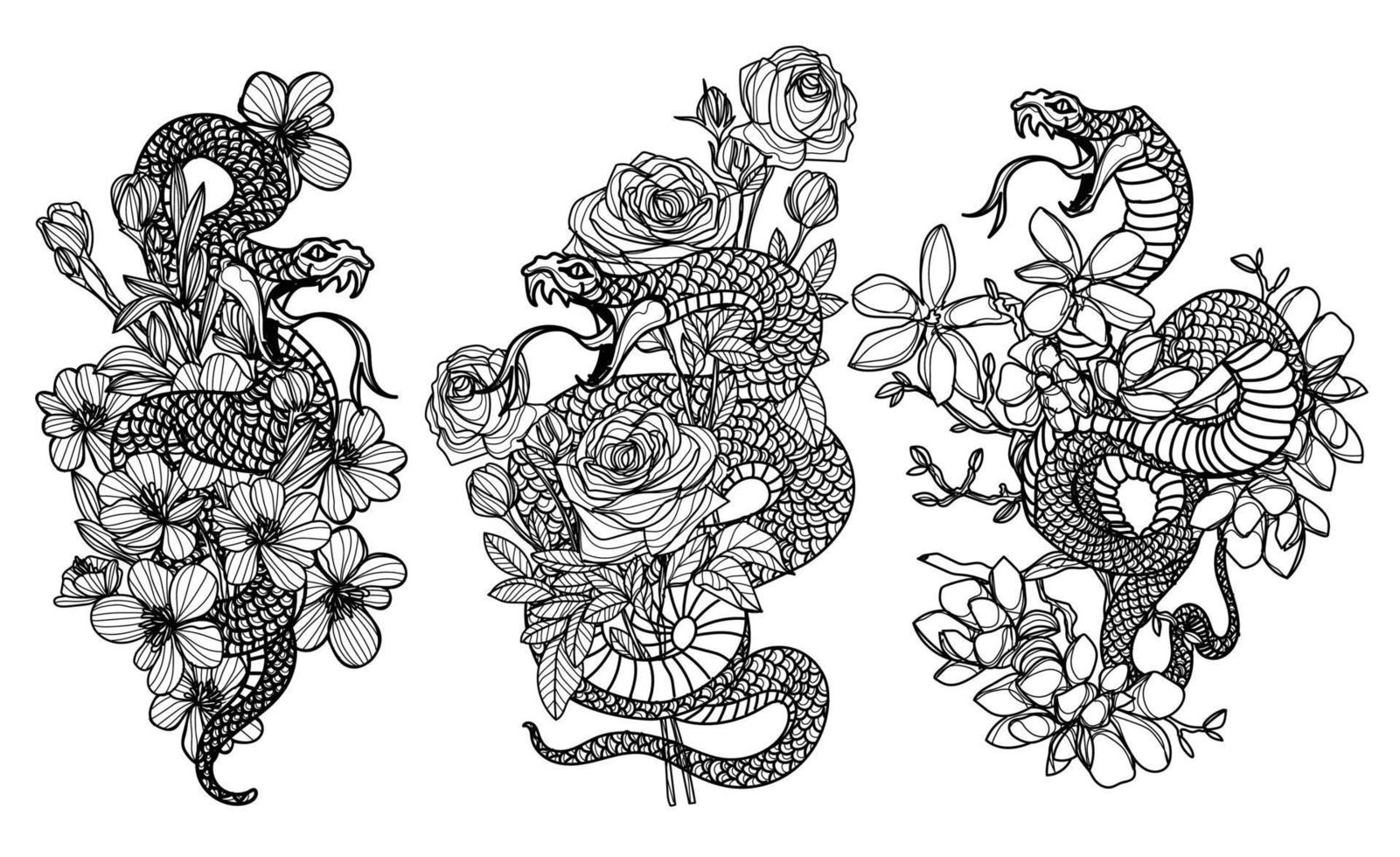 arte del tatuaje serpiente y dibujo de flores y bocetos en blanco y negro vector