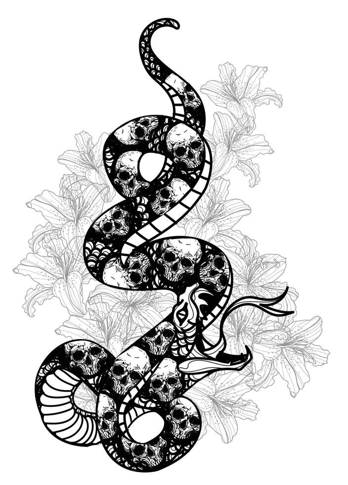 Tattoo art snak and skull pattern drawing and sketch black and white vector