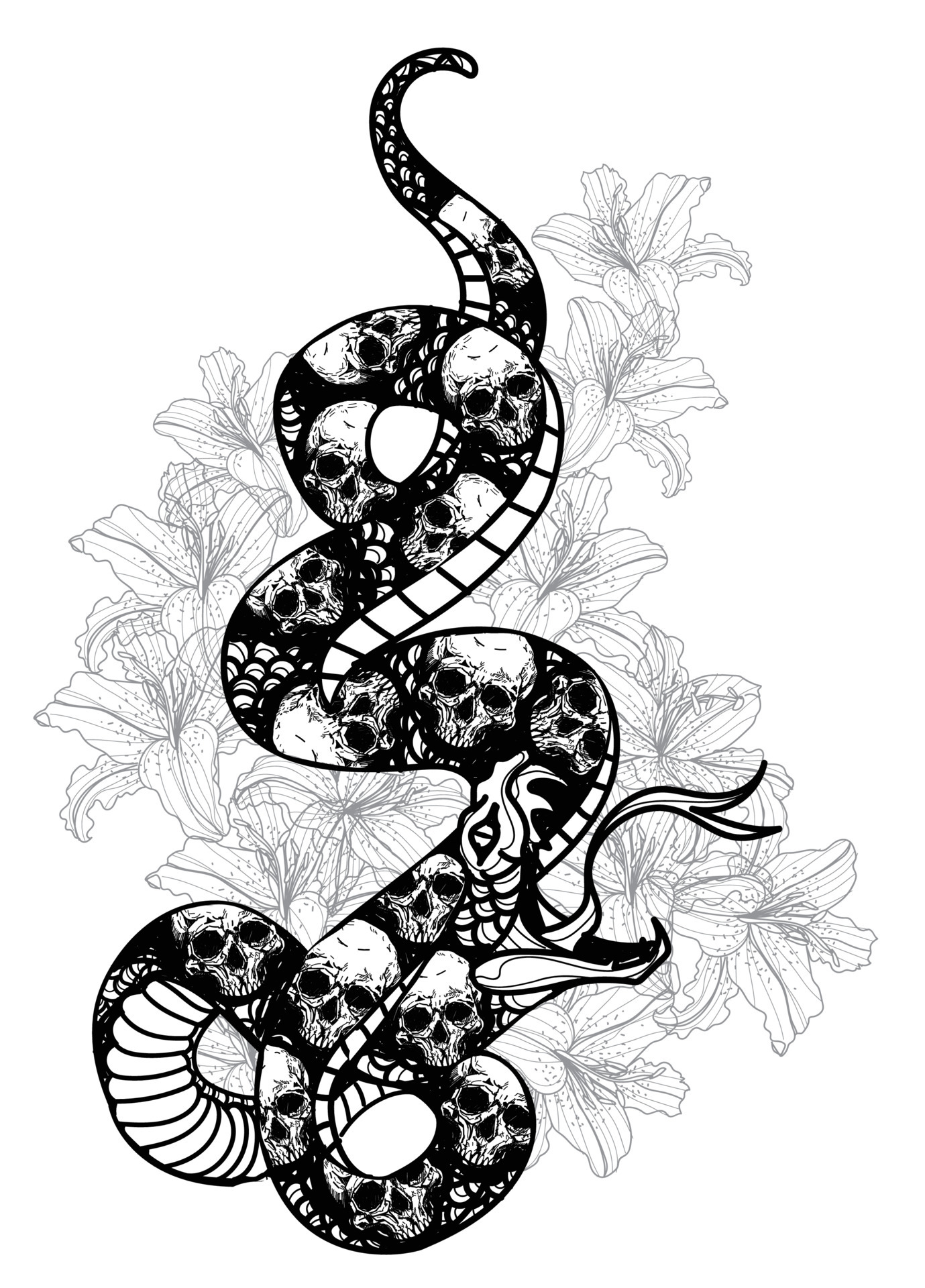 Tattoo art snak and skull pattern drawing and sketch black and white  6006246 Vector Art at Vecteezy
