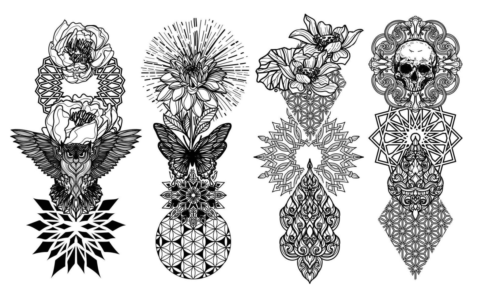 Tattoo art animal bird skull butterfly and flower hand drawing and sketch black and white vector