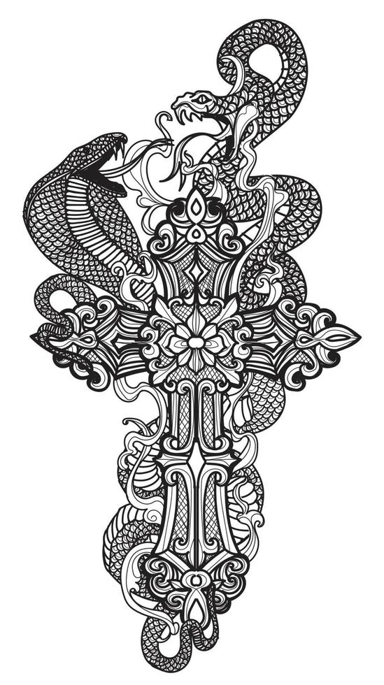 Tattoo art snak fight on cross drawing and sketch black and white vector