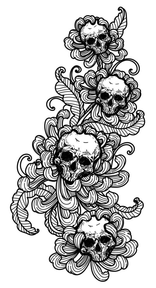 arte del tatuaje cráneo y flor dibujo a mano y boceto en blanco y negro vector