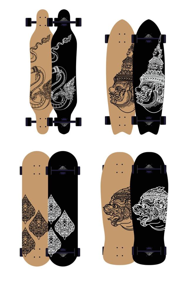Skateboard surf skate longboard style set desing Thai pattern, giant, big snake, monkey vector