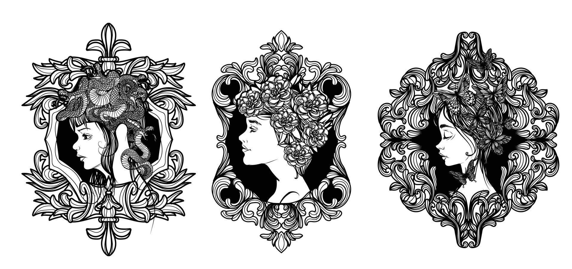 arte del tatuaje conjunto de mujeres y dibujo a mano de flores y bocetos en blanco y negro vector