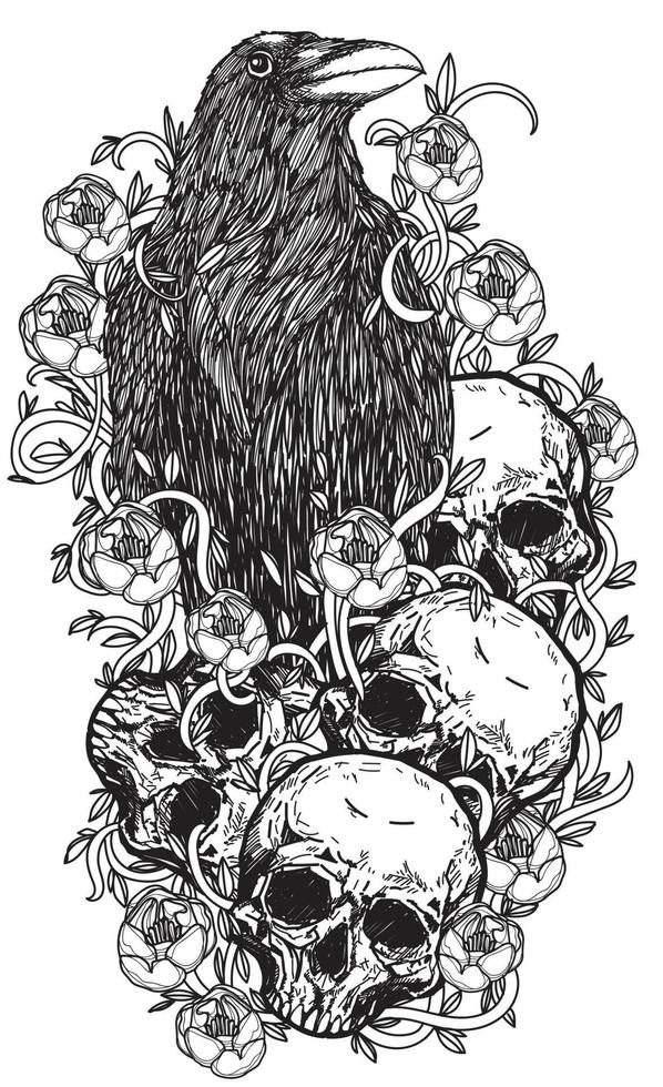 arte del tatuaje cuervo en un dibujo y boceto de la mano de la flor del cráneo vector