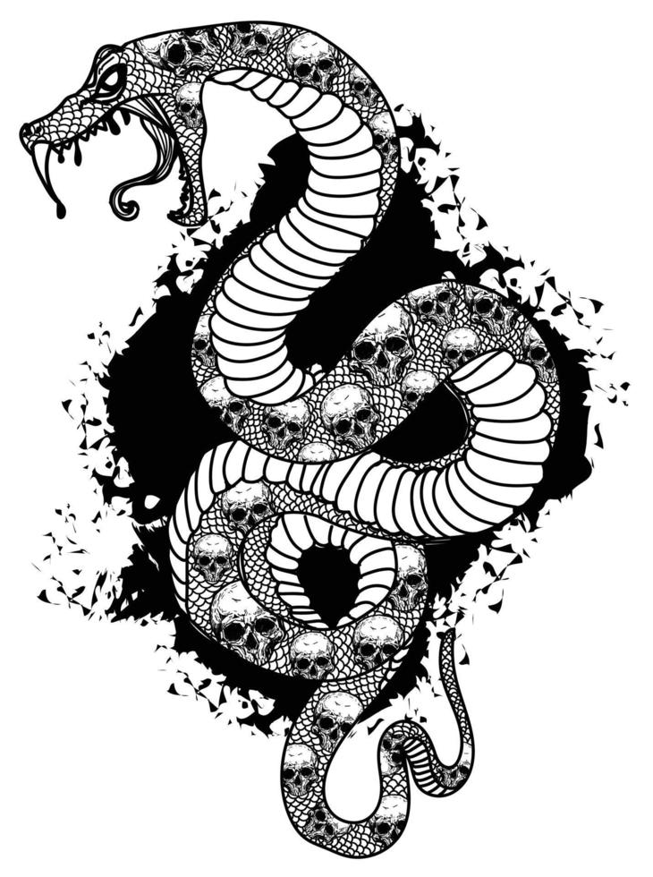 Tattoo art snak and skull pattern drawing and sketch black and white vector