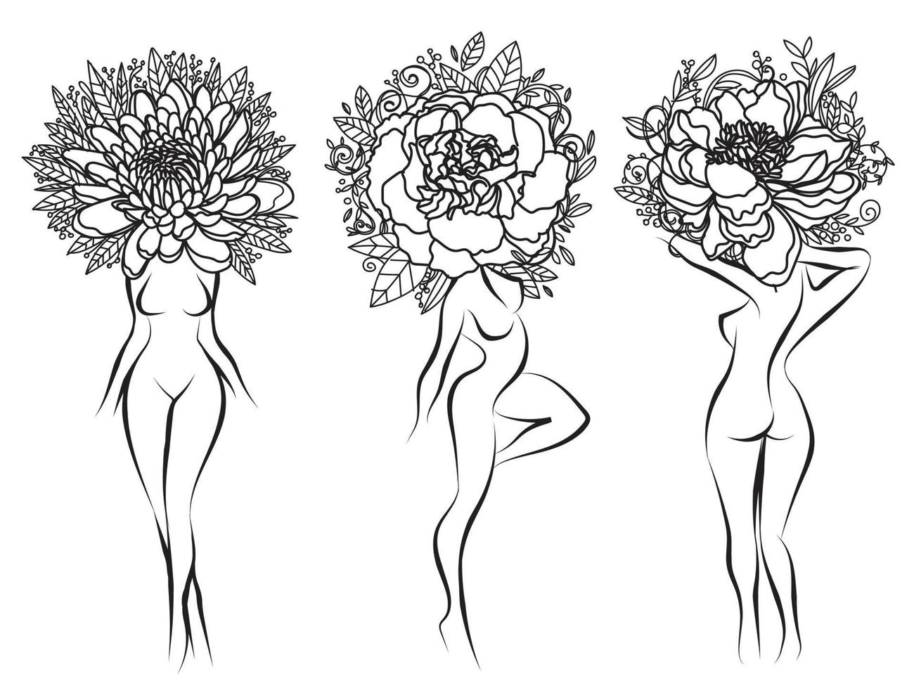 mujer tatuada con dibujo a mano de flores y boceto en blanco y negro vector