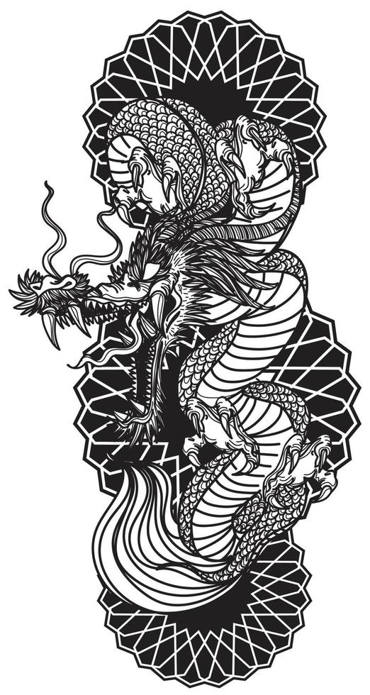 Tattoo art dargon hand drawing sketch black and white vector