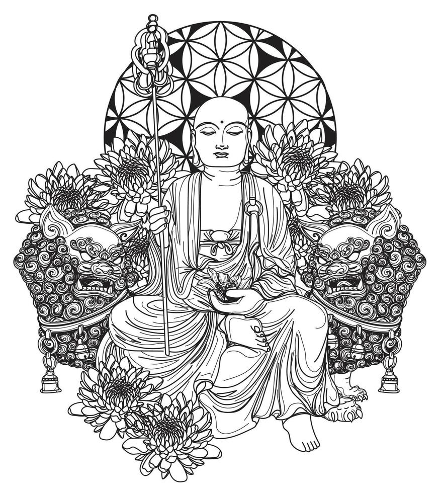 Tattoo art buddha china design on lotus and tiger hand drawing and sketch vector